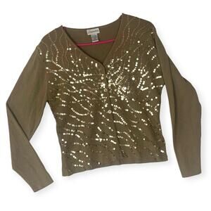 Gantos women's medium tan sequin button up sweater knit cardigan 90
